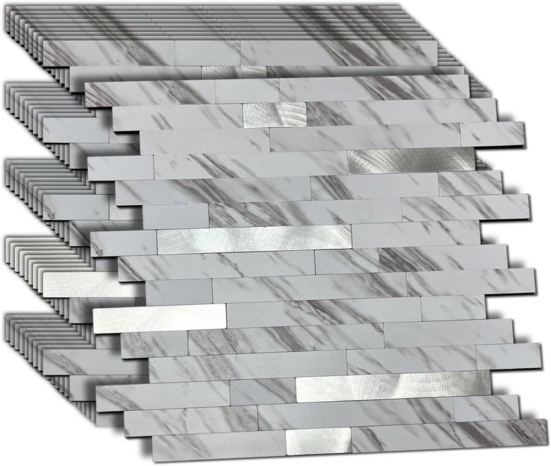 weimeisc 10 Sheets Peel and Stick Backsplash Tile for Kitchen, Self-Adhesive Mosaic Tile, Stick on Bathroom Vanities，Fireplace Décor, Laundry Table (White Marble+Frosted Silver) - Image 1
